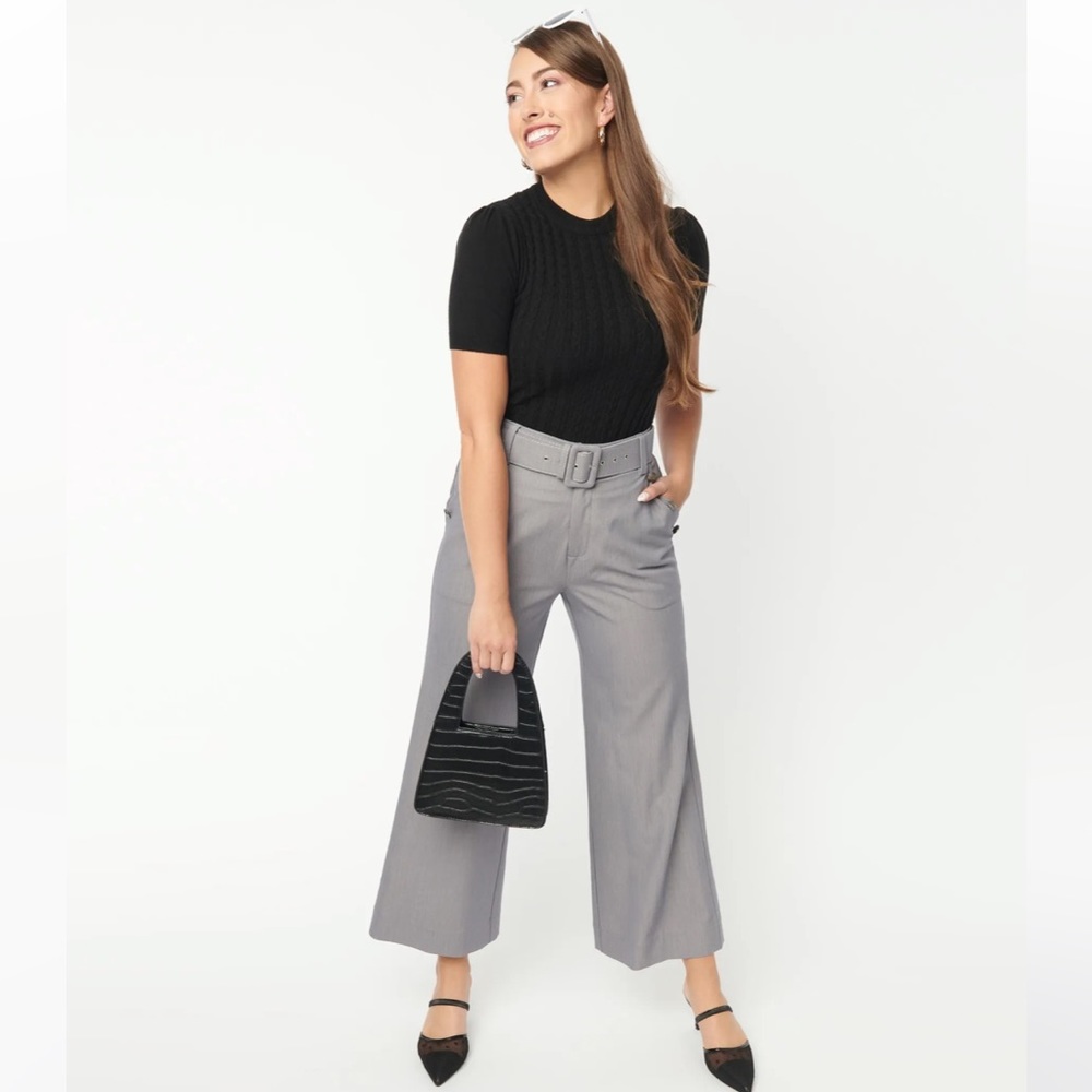 Unique Vintage Grey Belted High Waist Katharine Pants NEW